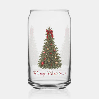 Custom Text - Merry Christmas - Red Bow Tree - Can Glass