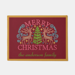 Custom Text Merry Christmas Tree Red Entrance Doormat