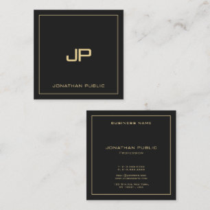 Custom Text Monogram Luxury Elegant Black And Gold Square Business Card