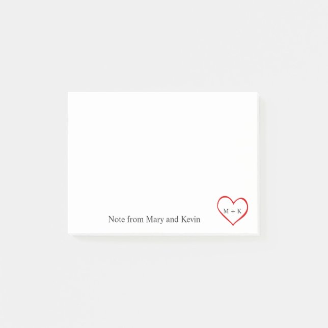 Custom Text Monogram Red Heart for Wedding Couple Post-it Notes (Front)