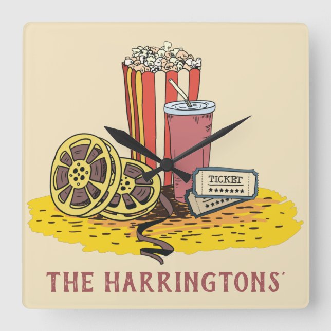 Custom text Movie Buff Square Wall Clock (Front)