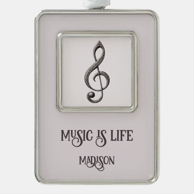 Custom Text Musical Clef Note Silver Plated Framed Ornament (Front)