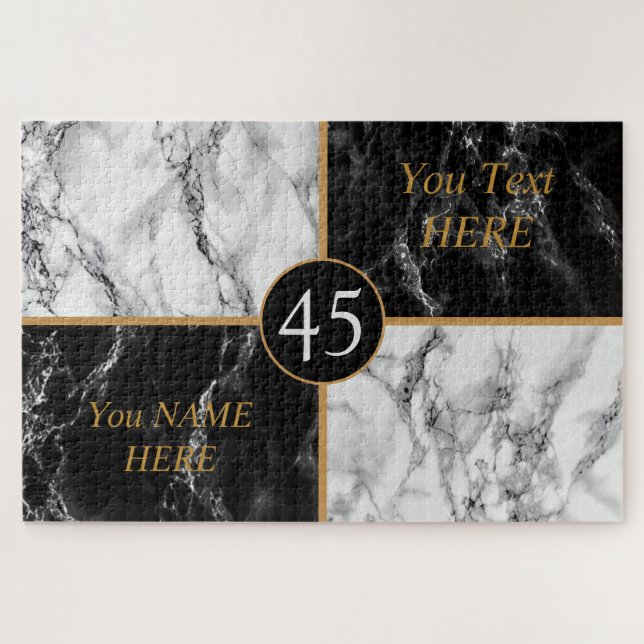 Custom Text Name Jigsaw Puzzle Black White Marble (Horizontal)