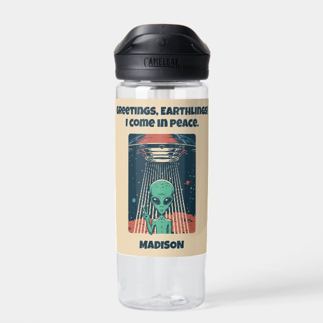 Custom Text & Name UFO Alien Water Bottle (Back)