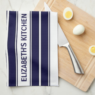 Custom Text Navy Blue and White Striped Tea Towel