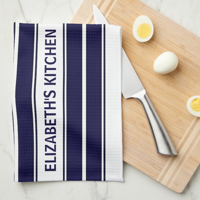 Custom Text Navy Blue and White Striped Tea Towel (Quarter Fold)