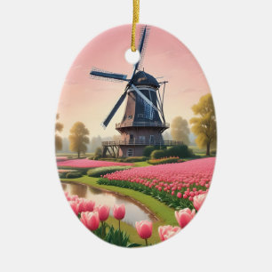 Custom Text Netherlands Windmills Ceramic Tree Decoration