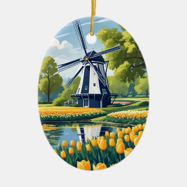 Custom Text Netherlands Windmills Ceramic Tree Decoration (Front)