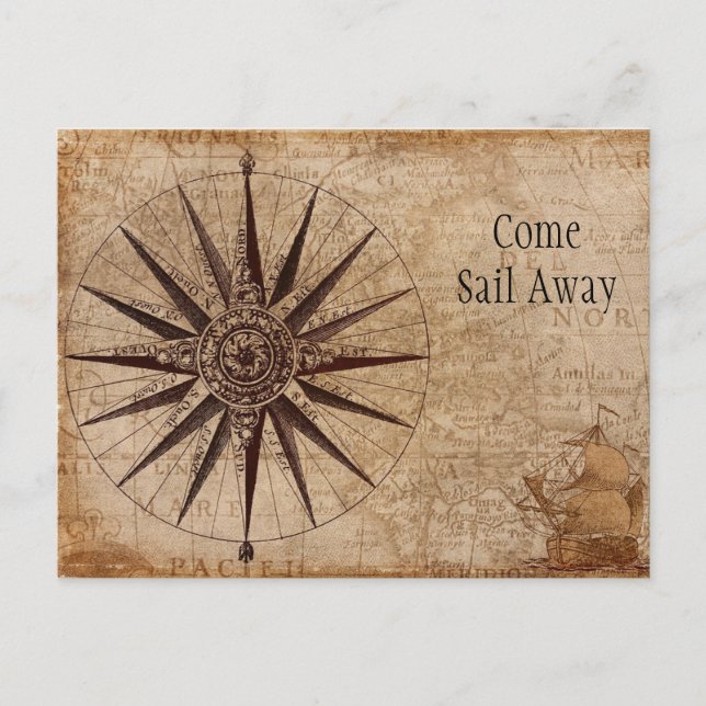 Custom Text Old Brown Pirate Map Nautical Compass Postcard (Front)