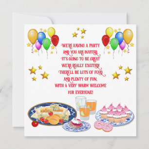 Custom Text Palloons and Party Food Invitation