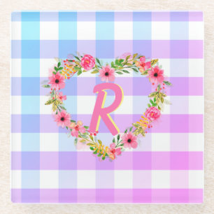 Custom Text/ Pastel Gingham Floral Heart Wreath Glass Coaster