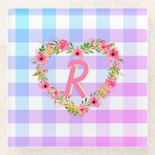 Custom Text/ Pastel Gingham Floral Heart Wreath Glass Coaster (Front)