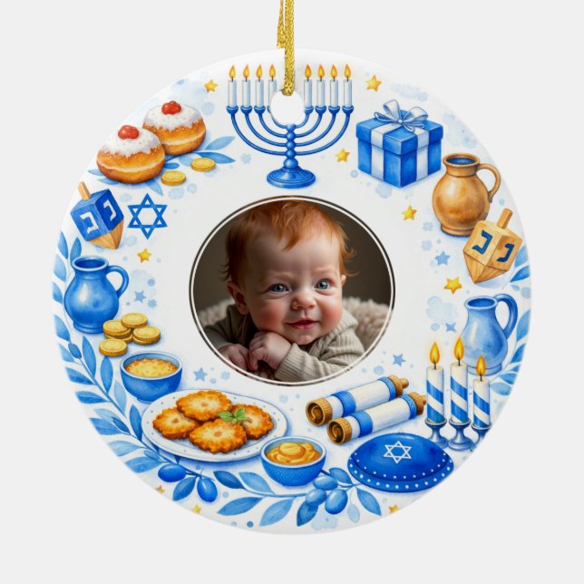 Custom text  photo Baby’s First Hanukkah Ceramic Tree Decoration (Back)
