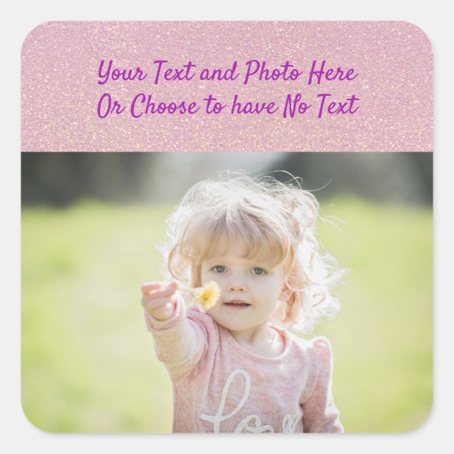 Custom Text / Photo Faux Pink Glitter Sparkle Square Sticker (Front)