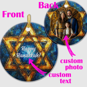 Custom text & photo Happy Hanukkah, Star of David Ceramic Tree Decoration