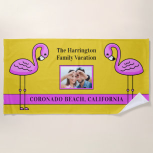 Custom text & photo Pink Flamingo beach towel