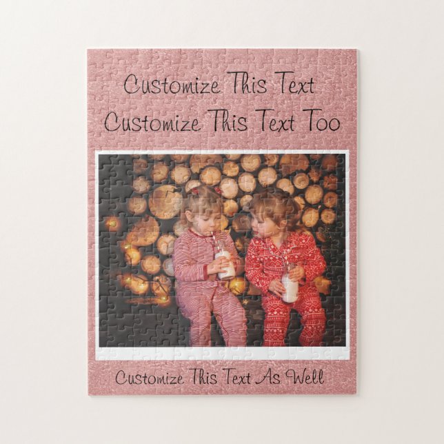 Custom Text/Photo/ Rose Gold Blush Pink Metallic Jigsaw Puzzle (Vertical)