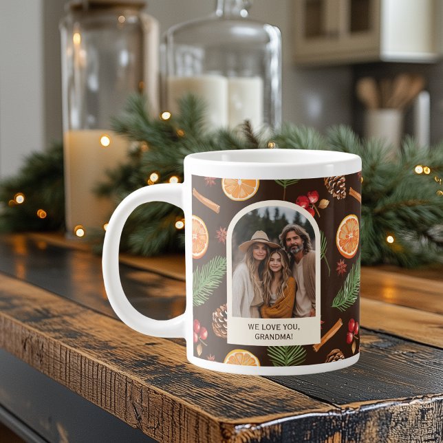 Custom Text Photo Winter Botanical Pattern Large Coffee Mug (Shown on a Jumbo mug)