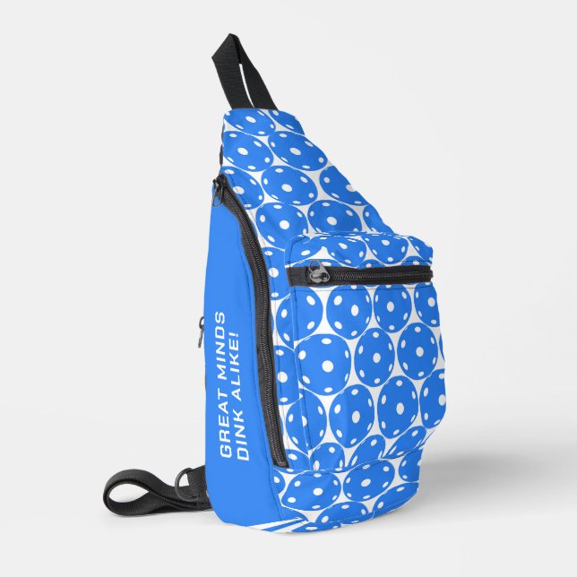 Custom text Pickleball:  blue pickleballs on white Sling Bag (Left Corner)