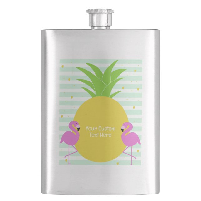 Custom Text Pineapple Flamingos Hip Flask (Front)