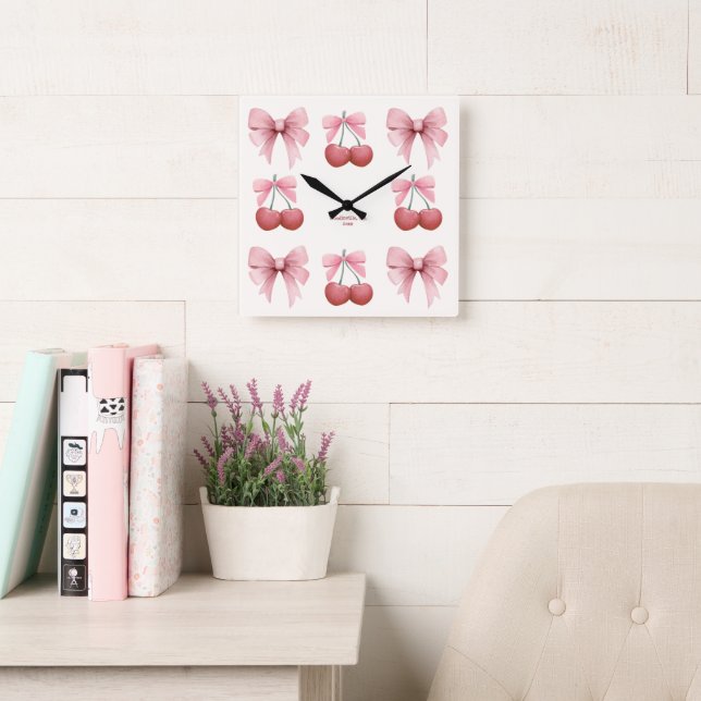 Custom Text Pink Bows and Cherries Girly Coquette Square Wall Clock (Reading Room)