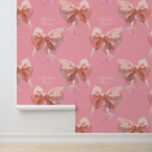 Custom Text Pink Coquette Bow Pattern Removable Wallpaper (Application)