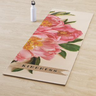 Custom Text Pink Floral Bouquet Kraft Ribbon Yoga Mat