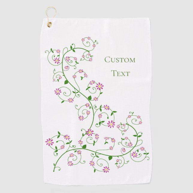 Custom Text Pink Flower Vine Golf Towel (Front)