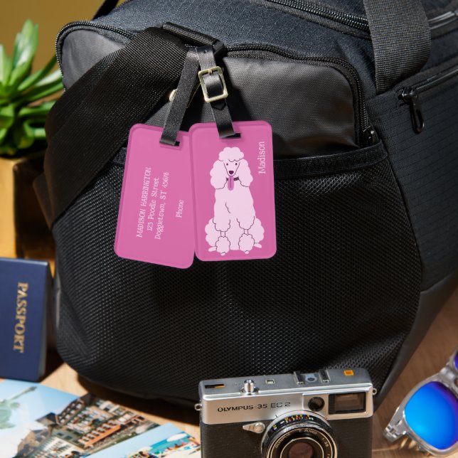 Custom Text Pink Poodle Luggage Tag (Front & Back)