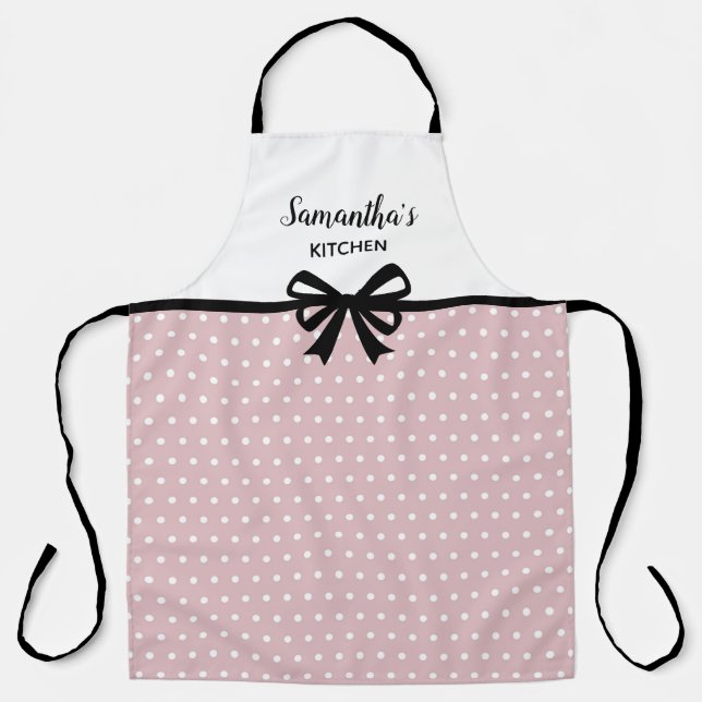 Custom Text Pink White Polka Dots Fun Cute Kitchen Apron (Front)