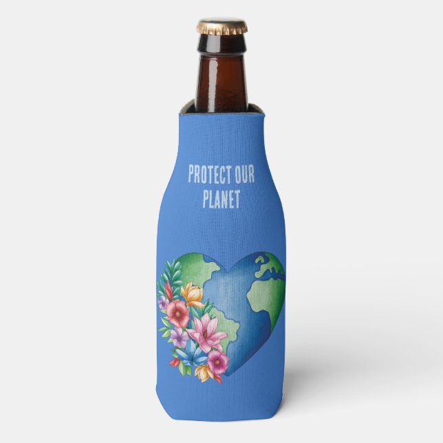 Custom Text Planet Earth Heart Bottle Cooler (Bottle Front)
