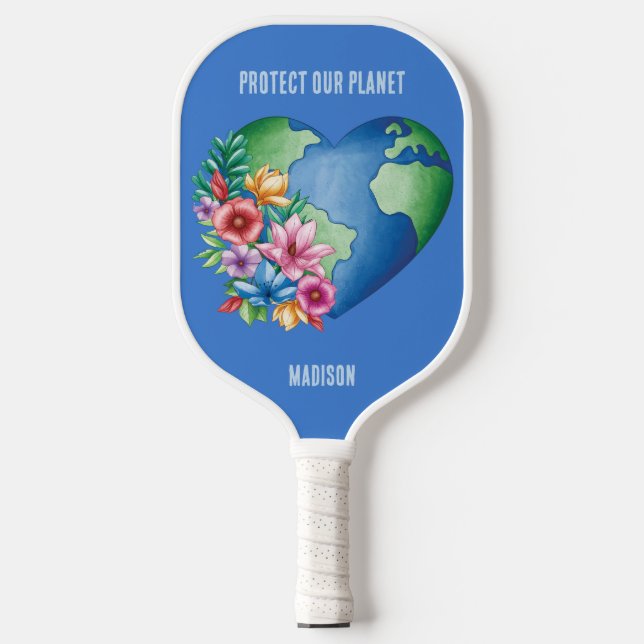 Custom Text Planet Earth Heart Pickleball Paddle (Front)