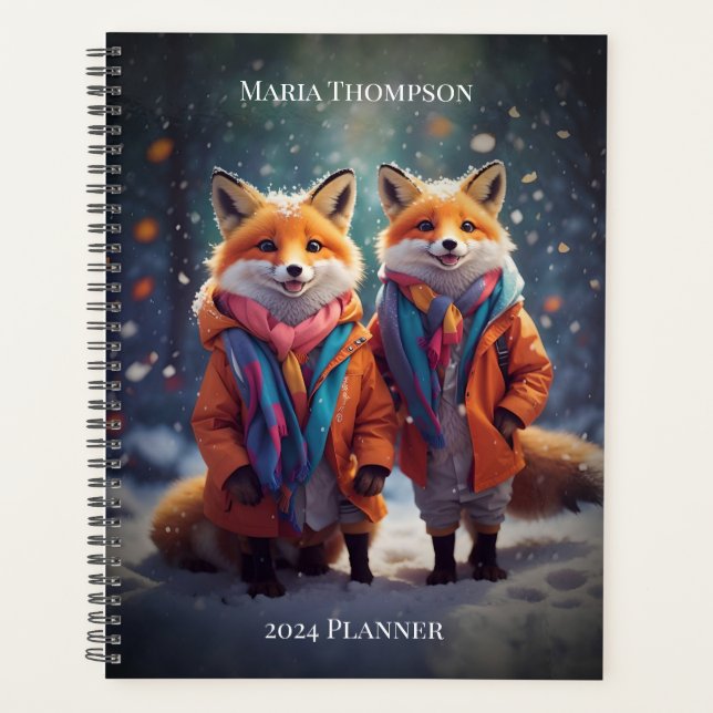 Custom Text Planner Fun Foxes Clothed In A Forest (Front)