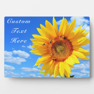 Custom Text Plaque Sunflower and Bees on Blue Sky