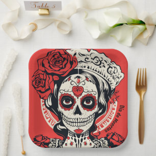 Custom text 💀 Pop Art Calavera red & white Paper Plate