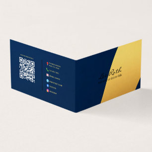 Custom Text & QR Code   Full Contact   Gold & Blue Business Card