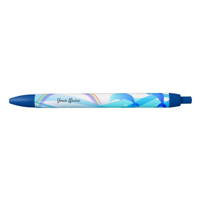 Custom Text Rainbow Summer Magic Blue Dolphins Black Ink Pen (Front)