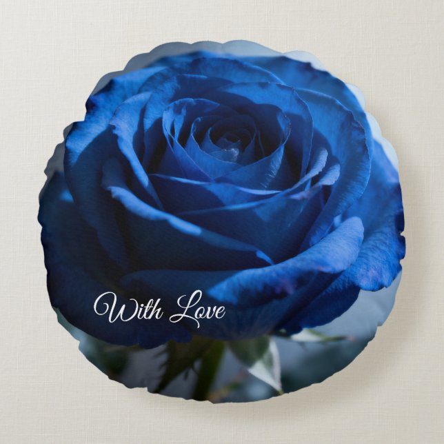 Custom Text – Romantic Blue Rose Floral Gift  Round Cushion (Front)