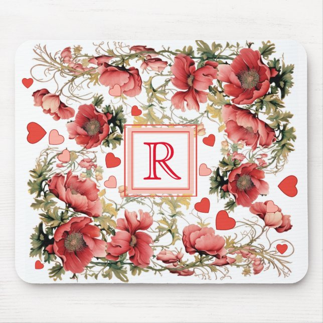 Custom Text Romantic Pink Poppies and Hearts Mouse Pad (Front)