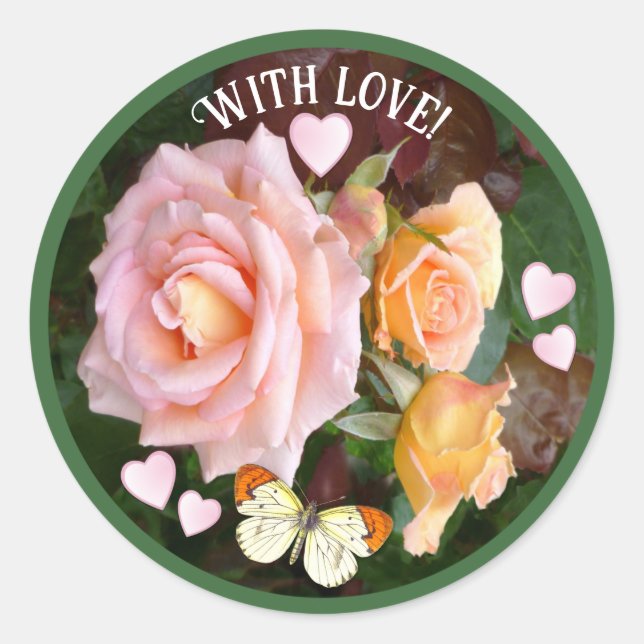 Custom Text Romantic Pink Roses and Hearts Classic Round Sticker (Front)
