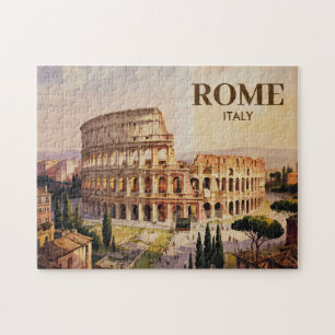 Custom Text Rome Italy Colosseum Retro Watercolor Jigsaw Puzzle