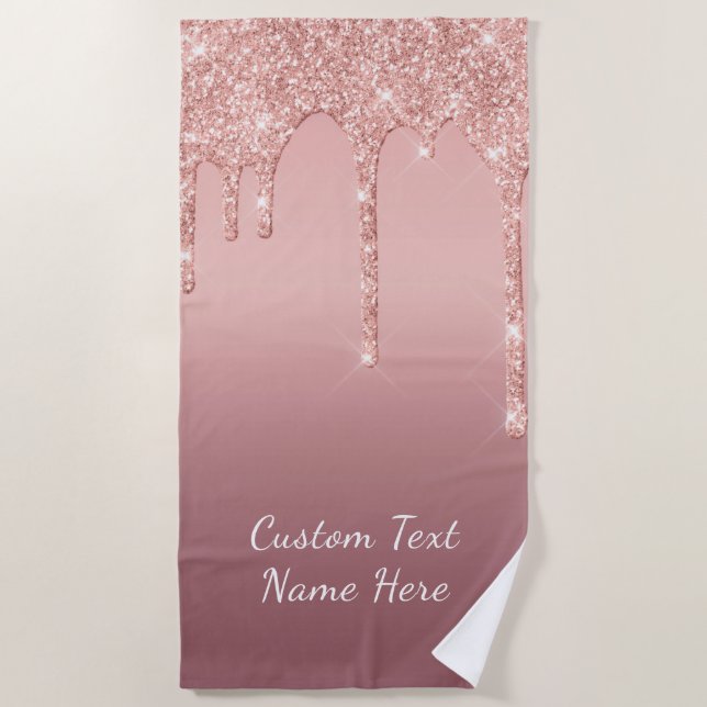 Custom Text Rose Gold Blush Glitter Beach Towel (Front)