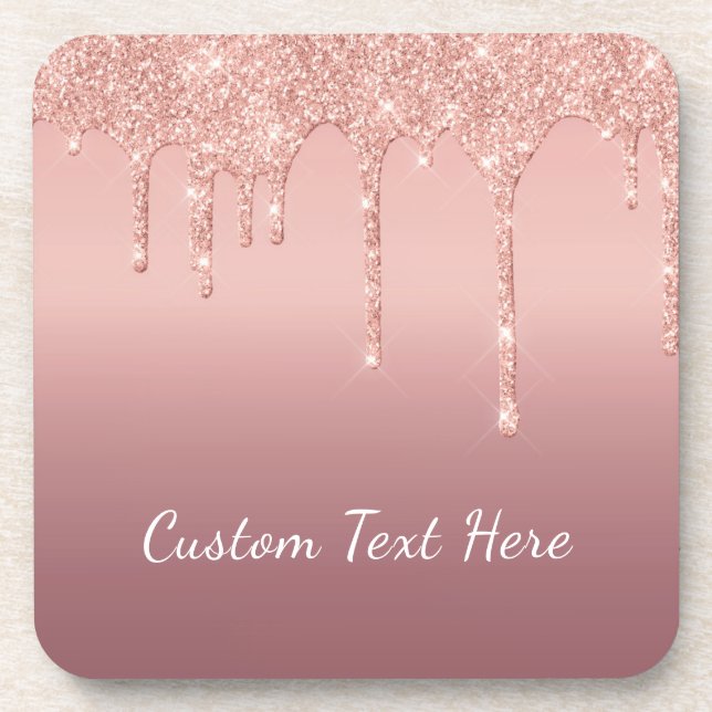 Custom Text Rose Gold Blush Glitter Sparkle Drips  Coaster (Front)