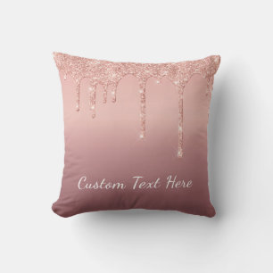 Custom Text Rose Gold Blush Glitter Sparkle Drips Cushion