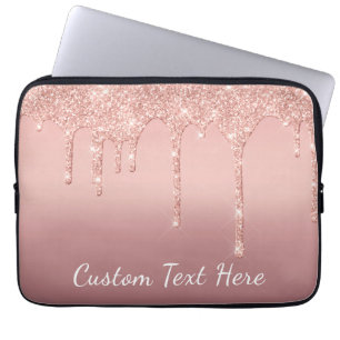 Custom Text Rose Gold Blush Glitter Sparkle Drips Laptop Sleeve