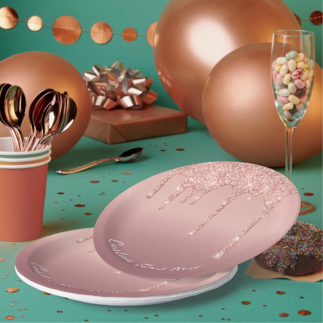 Custom Text Rose Gold Blush Glitter Sparkle Drips  Paper Plate (Multi)