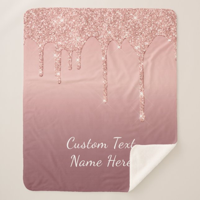 Custom Text Rose Gold Blush Glitter Sparkle Drips  Sherpa Blanket (Front)