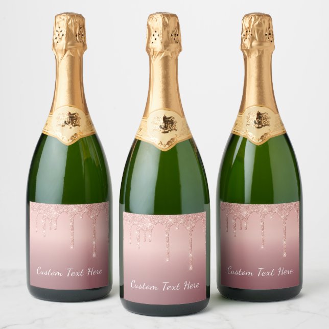 Custom Text Rose Gold Blush Glitter Sparkle Drips Sparkling Wine Label (Bottles)