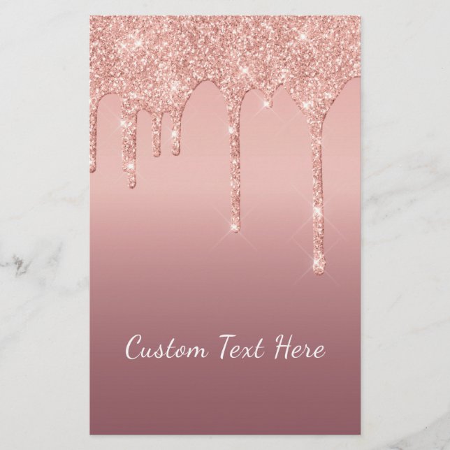 Custom Text Rose Gold Blush Glitter Sparkle Drips Stationery (Front)