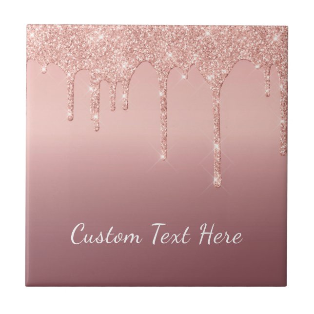 Custom Text Rose Gold Blush Glitter Sparkle Drips  Tile (Front)